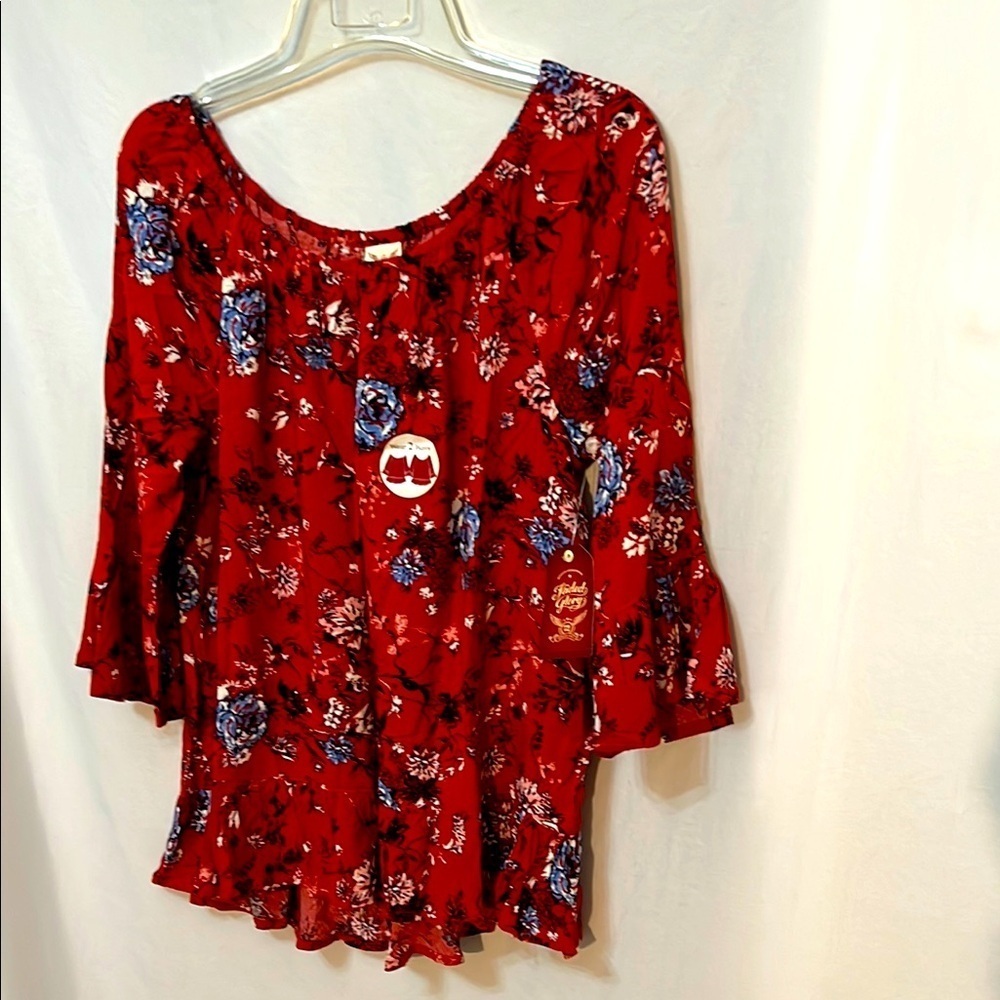 Faded Glory Women's Boho Floral Red Bell Sleeve Top Size M (8-12)